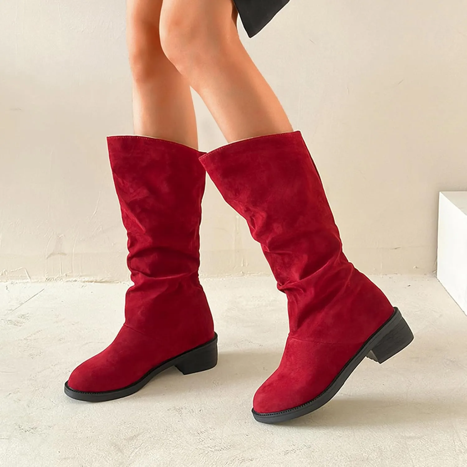 Ladies Fashion Winter Plush Insulation Solid Color Suede Thick Heeled Long Knee High Boots for Women Flat Wide Calf