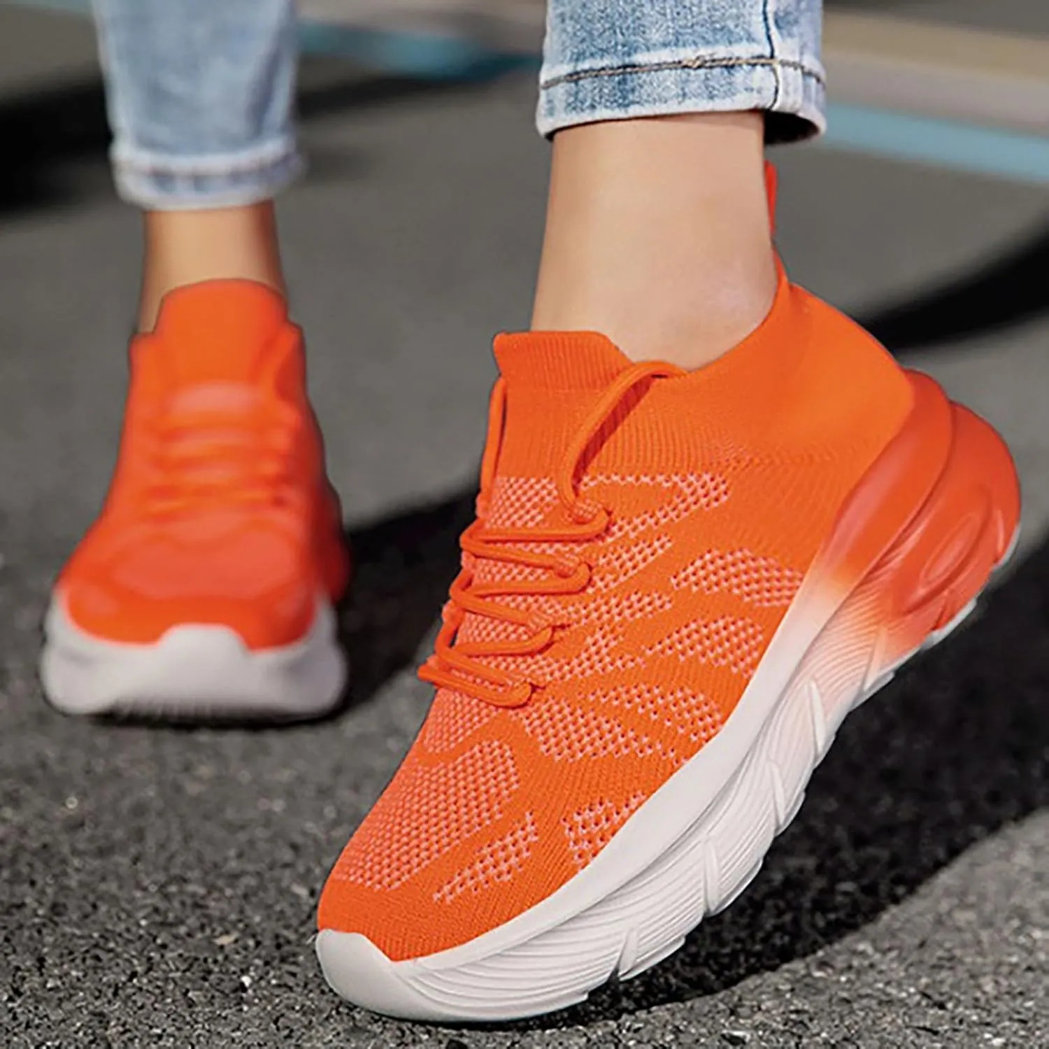Ladies Woven Sneakers Lace-up Breathable Soft Thick Sole Walking Running Shoes Comfortable Tennis Shoes Non Slip Casual Womens Sneakers with Arch Support