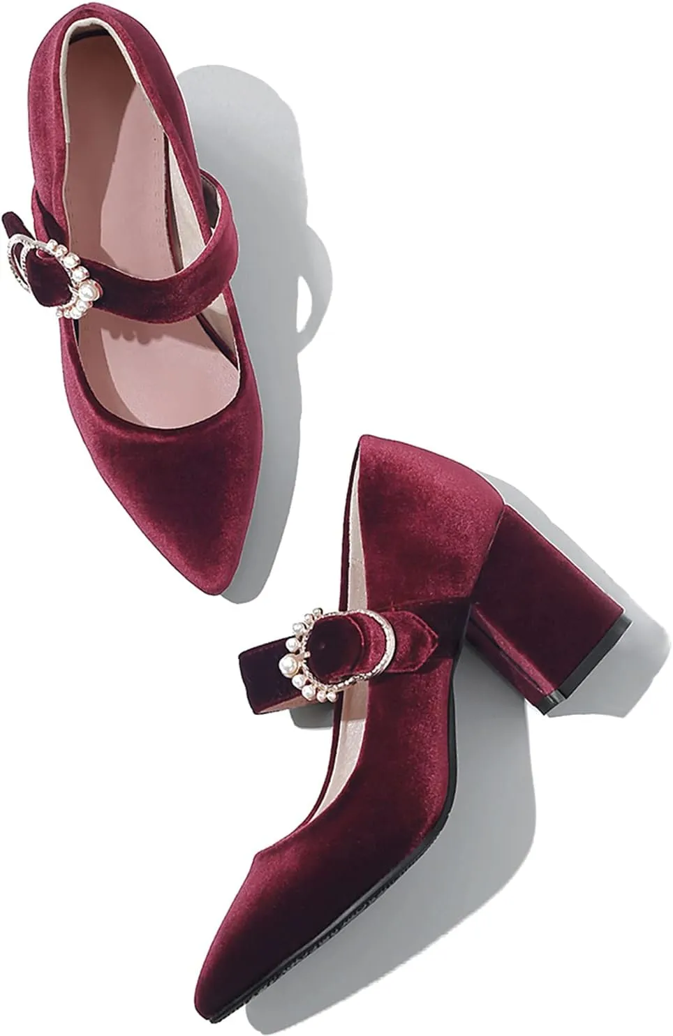 LEHOOR Women Chunky Heel Closed Pointed Toe Mary Jane Pumps Metal Buckle with Pearl Ankle Strap Mary Jane Heels Velvet Comfort Vintage Dress Shoes Block Heel Retro Bridal Party 4-11 M US