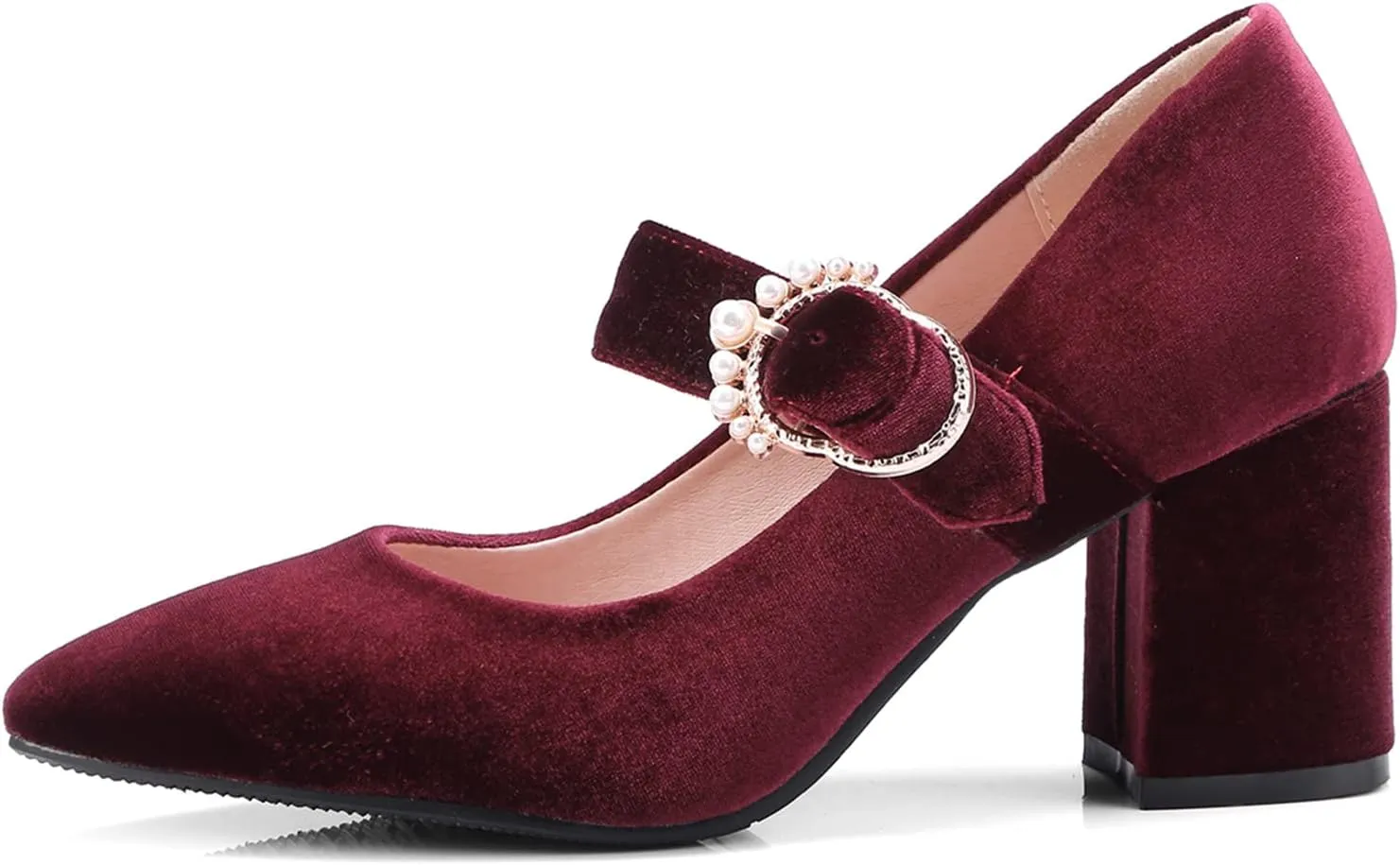 LEHOOR Women Chunky Heel Closed Pointed Toe Mary Jane Pumps Metal Buckle with Pearl Ankle Strap Mary Jane Heels Velvet Comfort Vintage Dress Shoes Block Heel Retro Bridal Party 4-11 M US