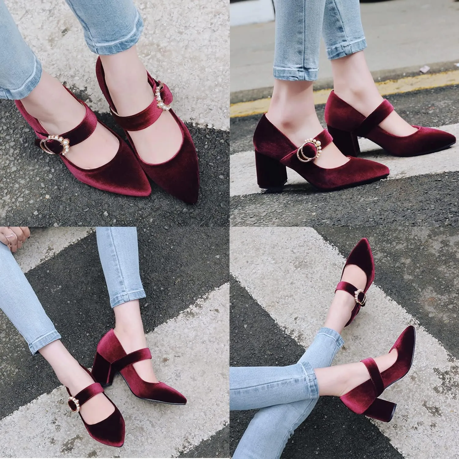 LEHOOR Women Chunky Heel Closed Pointed Toe Mary Jane Pumps Metal Buckle with Pearl Ankle Strap Mary Jane Heels Velvet Comfort Vintage Dress Shoes Block Heel Retro Bridal Party 4-11 M US