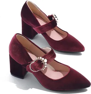 LEHOOR Women Chunky Heel Closed Pointed Toe Mary Jane Pumps Metal Buckle with Pearl Ankle Strap Mary Jane Heels Velvet Comfort Vintage Dress Shoes Block Heel Retro Bridal Party 4-11 M US