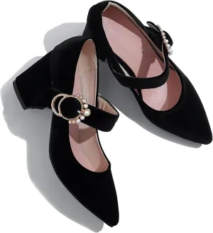 LEHOOR Women Chunky Heel Closed Pointed Toe Mary Jane Pumps Metal Buckle with Pearl Ankle Strap Mary Jane Heels Velvet Comfort Vintage Dress Shoes Block Heel Retro Bridal Party 4-11 M US
