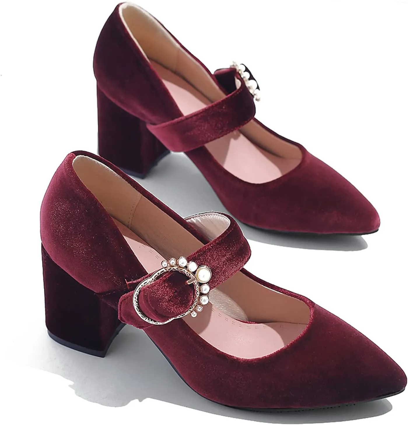 LEHOOR Women Chunky Heel Closed Pointed Toe Mary Jane Pumps Metal Buckle with Pearl Ankle Strap Mary Jane Heels Velvet Comfort Vintage Dress Shoes Block Heel Retro Bridal Party 4-11 M US