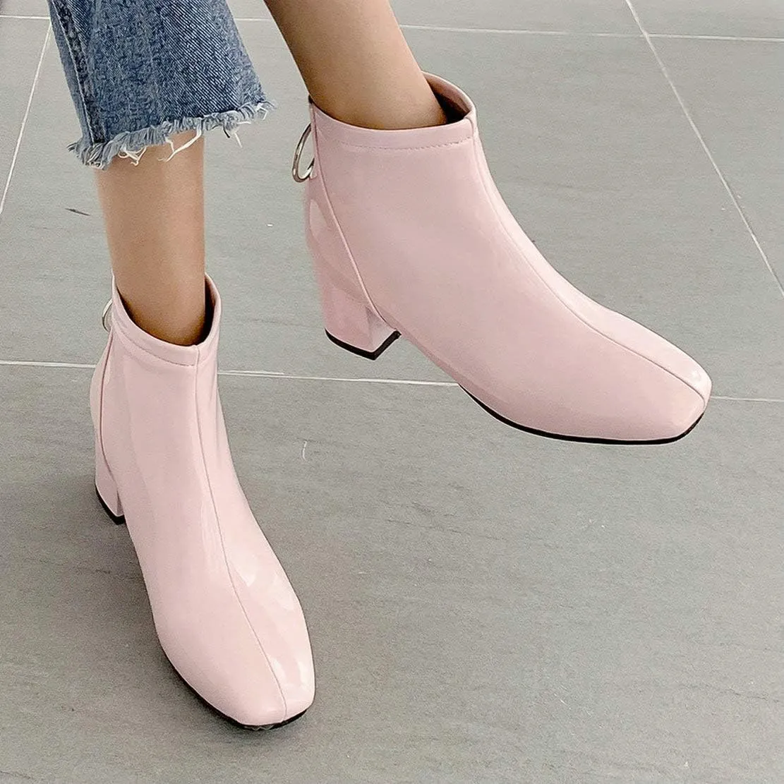 MAVMAX Women's Patent Leather Ankle Boots Chunky Heels Round Toe Booties