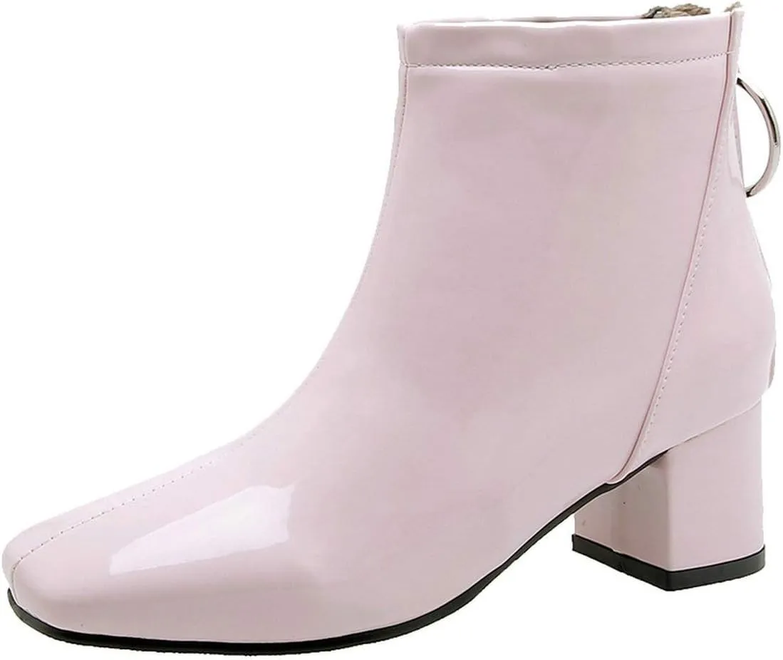 MAVMAX Women's Patent Leather Ankle Boots Chunky Heels Round Toe Booties