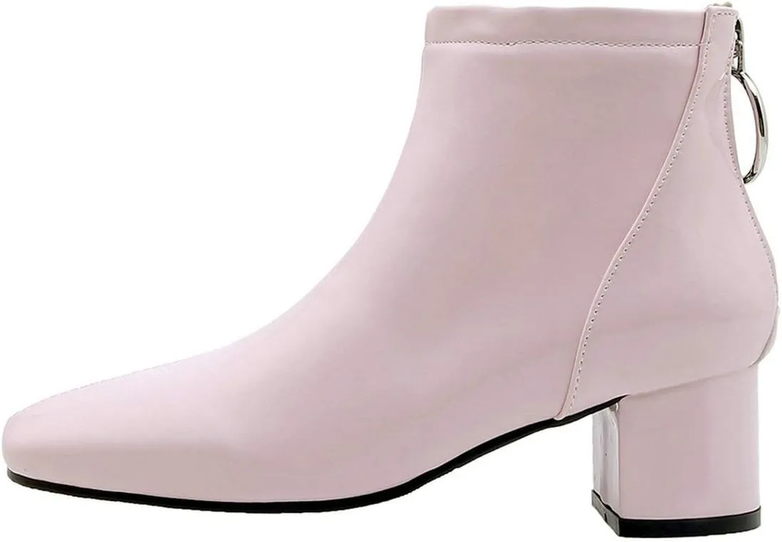 MAVMAX Women's Patent Leather Ankle Boots Chunky Heels Round Toe Booties