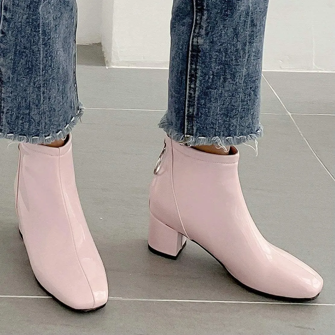 MAVMAX Women's Patent Leather Ankle Boots Chunky Heels Round Toe Booties