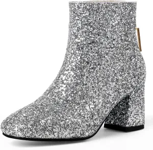 MAVMAX Women's Sequin Glitter Ankle Boots Chunky Heels Sparkly Booties