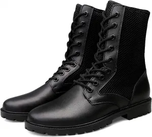 Mens Black High-Top Cowhide Motorcycle Army Military Tactical Combat Boots Flat-Soled Round-Toe Leather Outdoor Hunting Warm Non-Slip Hiking Mid-Calf Shoes Lace-Up Zipper Waterproof Puncture-Resistant