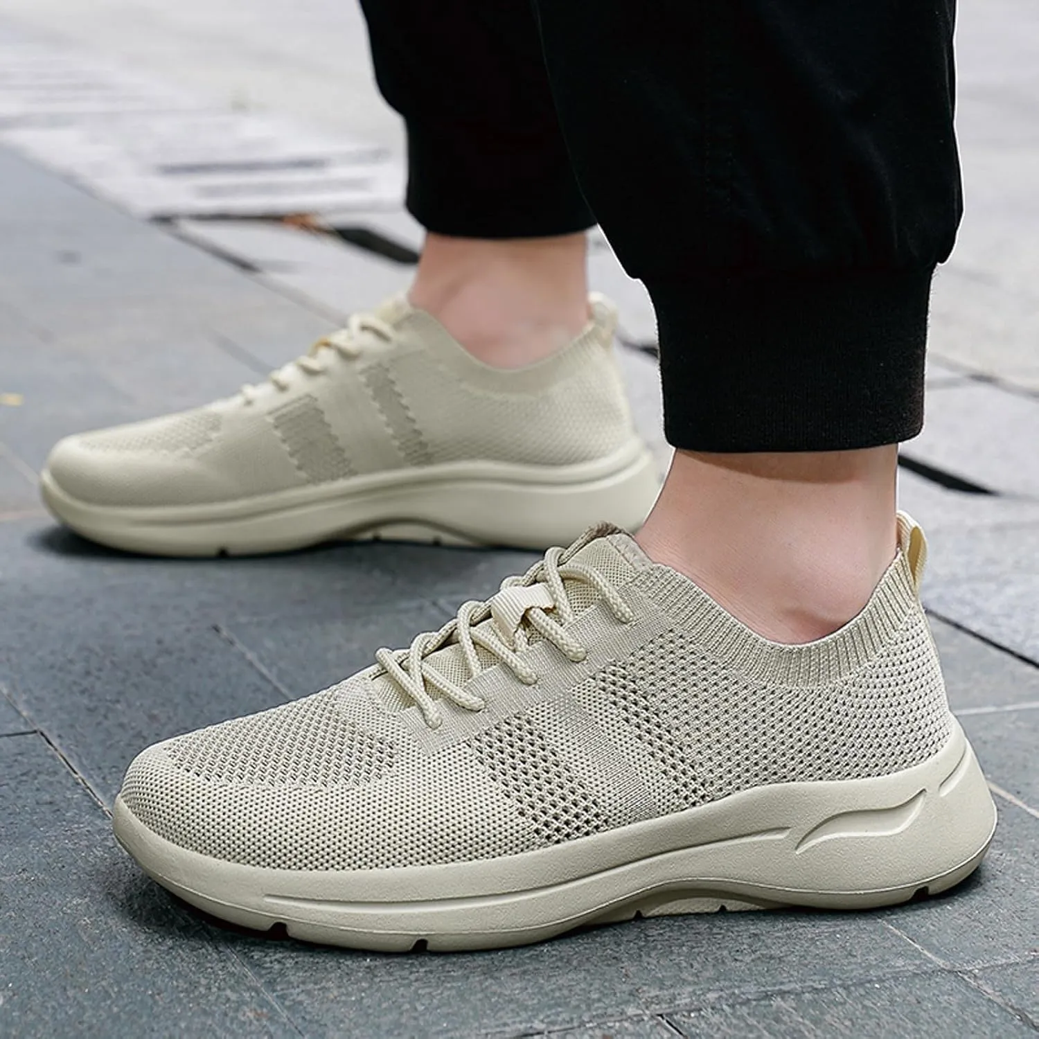 Men's Breathable Stretch Workout Shoes Lace Up Comfortable Light-Weight Shoe Athletic Fashion Sneakers for Men