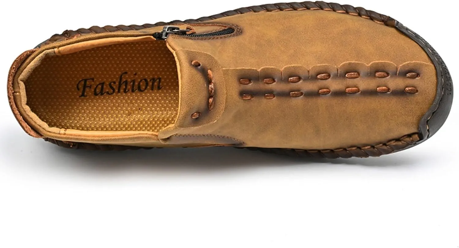 Mens Casual Leather Ankle Shoes Slip On Lightweight Boots Mid top Water Proof Side Zipper Walking Driving Shoes for Men