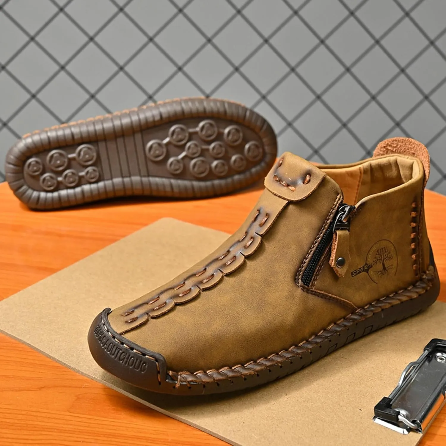 Mens Casual Leather Ankle Shoes Slip On Lightweight Boots Mid top Water Proof Side Zipper Walking Driving Shoes for Men