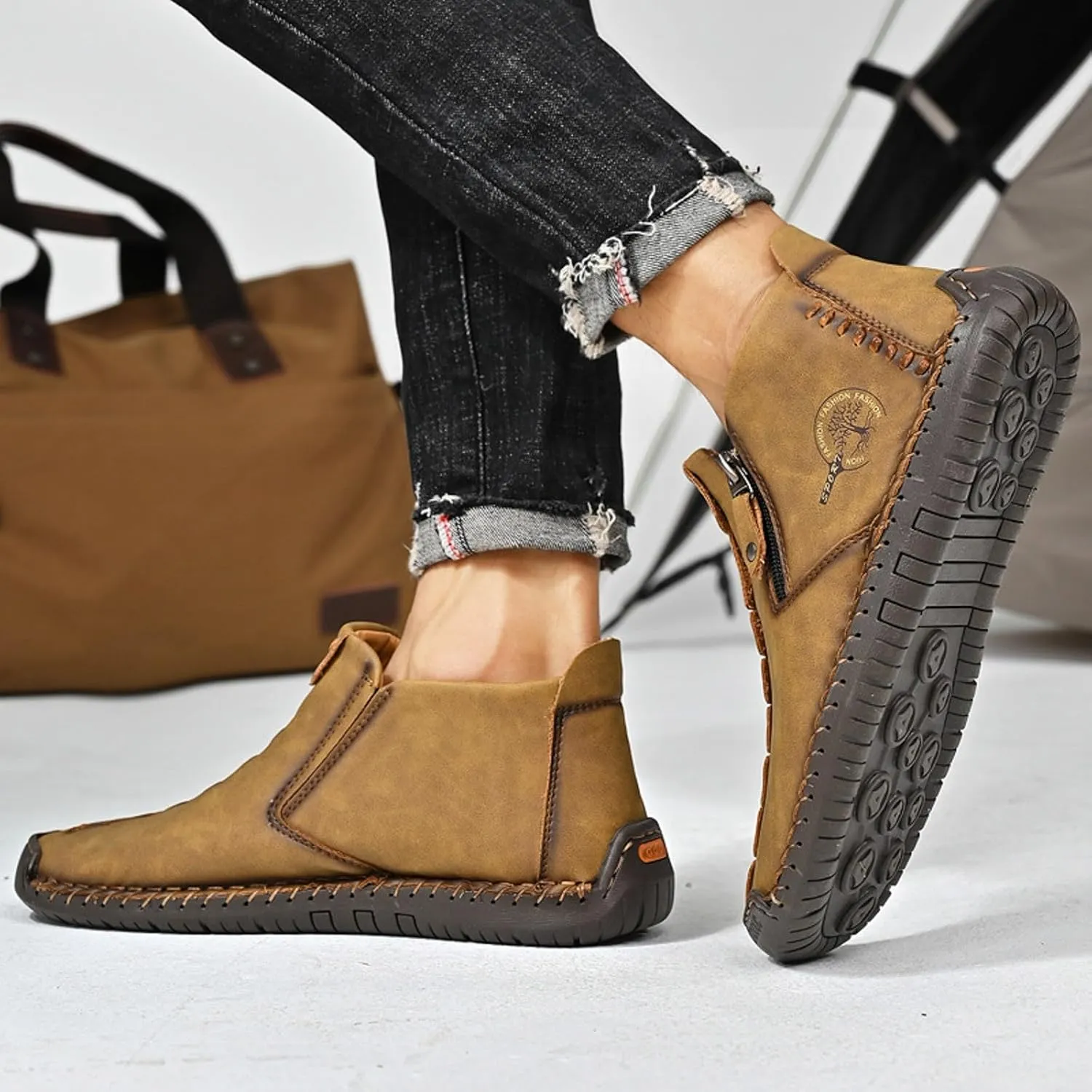 Mens Casual Leather Ankle Shoes Slip On Lightweight Boots Mid top Water Proof Side Zipper Walking Driving Shoes for Men