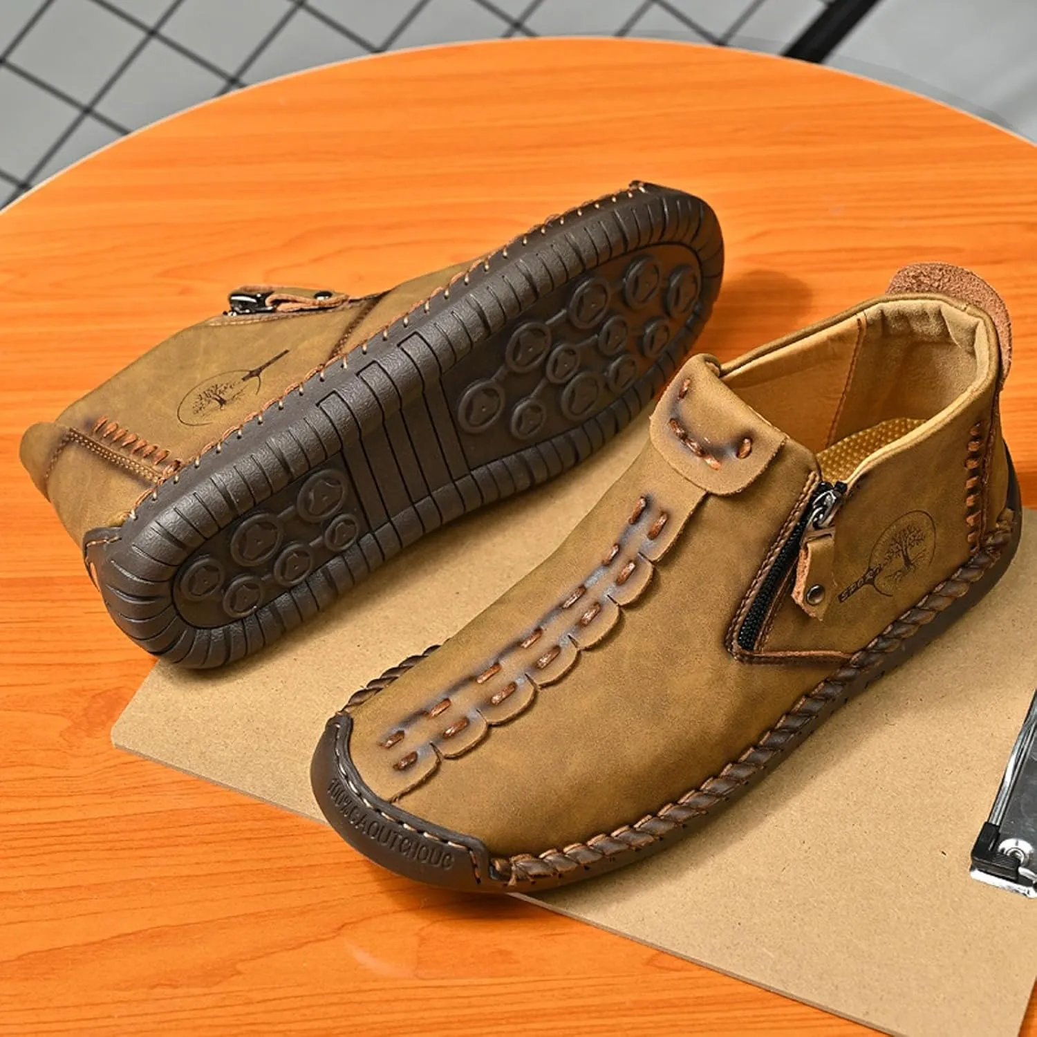 Mens Casual Leather Ankle Shoes Slip On Lightweight Boots Mid top Water Proof Side Zipper Walking Driving Shoes for Men
