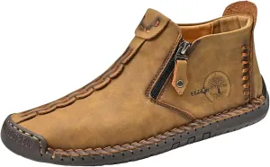 Mens Casual Leather Ankle Shoes Slip On Lightweight Boots Mid top Water Proof Side Zipper Walking Driving Shoes for Men