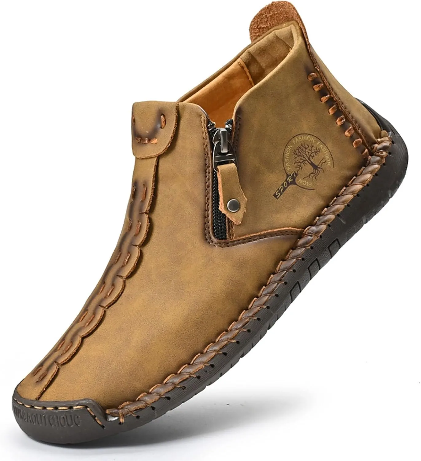 Mens Casual Leather Ankle Shoes Slip On Lightweight Boots Mid top Water Proof Side Zipper Walking Driving Shoes for Men