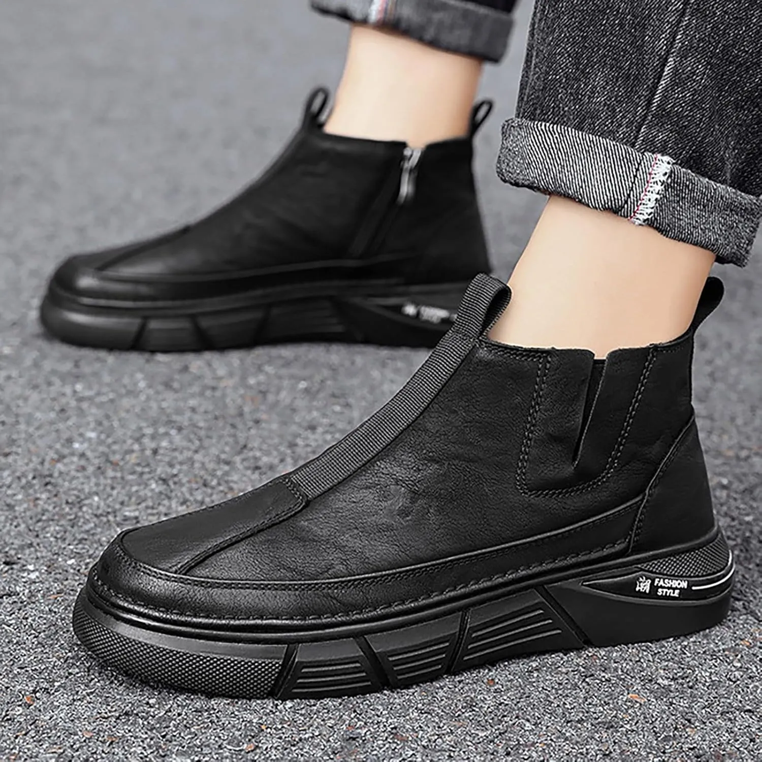 Mens Casual Leather Shoes Men Water Proof Non Slip Breathable Comfortable Side Zipper Leisure Sport Ankle Boots