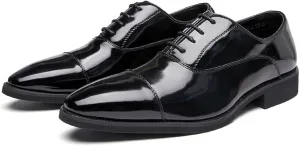 Mens Classic Formal Oxford Shoes, Italian Luxury Leather Tuxedo Wedding Business Dress Shoes Round Toe Block Heel Elegant Slip On Formal