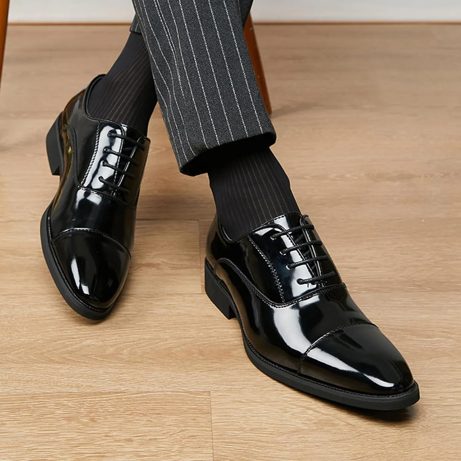 Mens Classic Formal Oxford Shoes, Italian Luxury Leather Tuxedo Wedding Business Dress Shoes Round Toe Block Heel Elegant Slip On Formal
