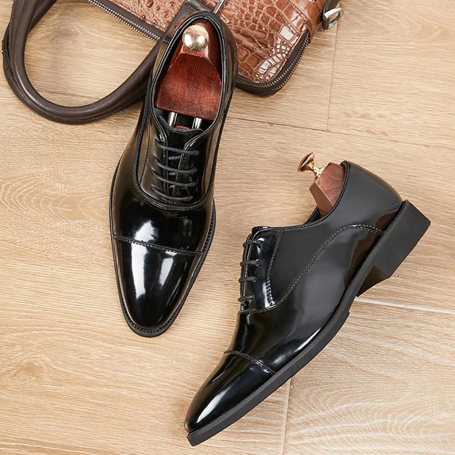 Mens Classic Formal Oxford Shoes, Italian Luxury Leather Tuxedo Wedding Business Dress Shoes Round Toe Block Heel Elegant Slip On Formal