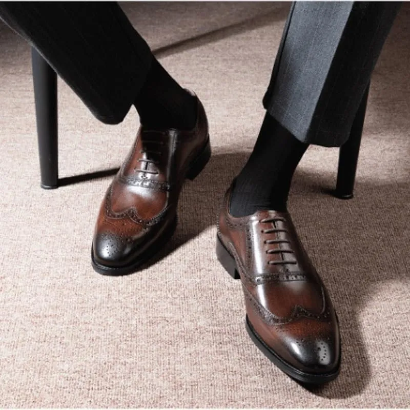 Men's Classic Lace-up Formal Oxfords Fashion Carved Lace Up Leather Low Heels Dress Shoes for Business & Formal