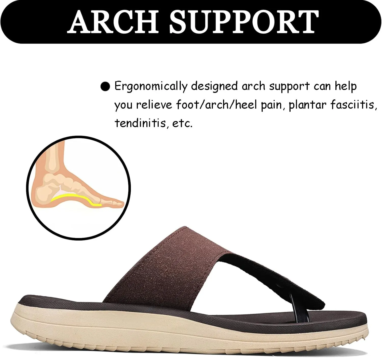 Mens Flip Flops Arch Support Sandals with Adjustable Buckle Straps Thick Athletic Cushion Sport Slides for Man Non-Slip Mens Beach Slipper Lightweight & Soft Comfort Fit