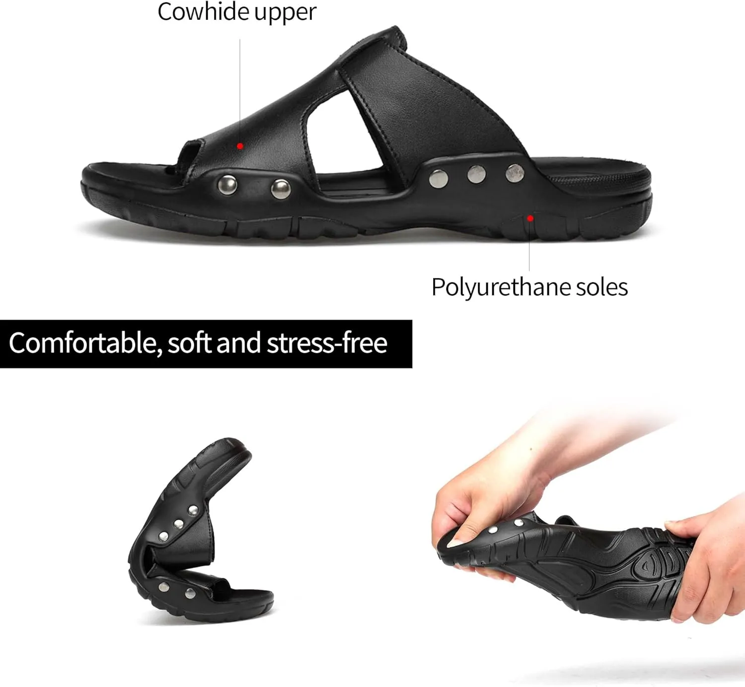Men's Slide Sandals,Men's Beach Sandals, Men's Indoor/Outdoor Sandal Slippers，Premium Leather Slides, Comfort Fit