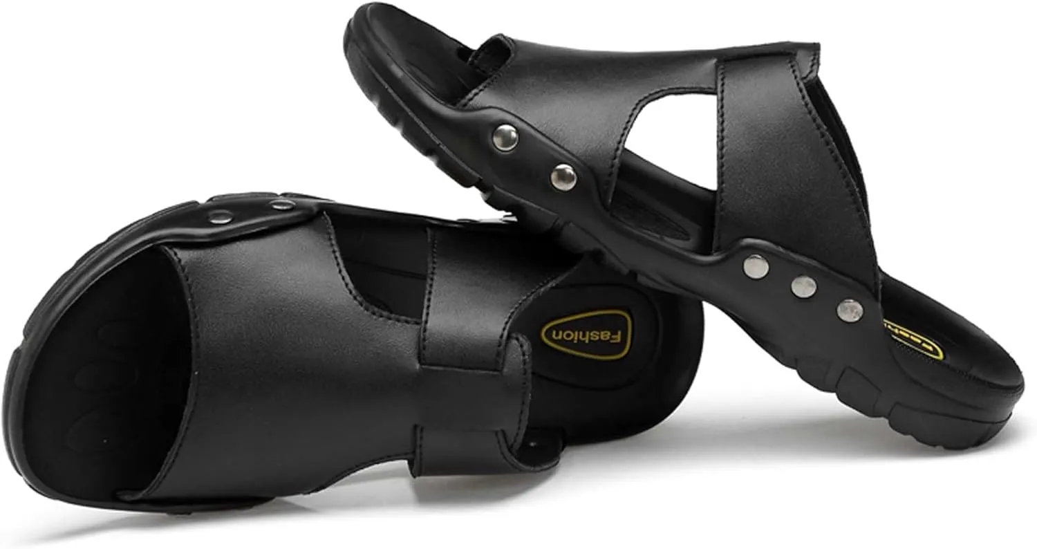 Men's Slide Sandals,Men's Beach Sandals, Men's Indoor/Outdoor Sandal Slippers，Premium Leather Slides, Comfort Fit