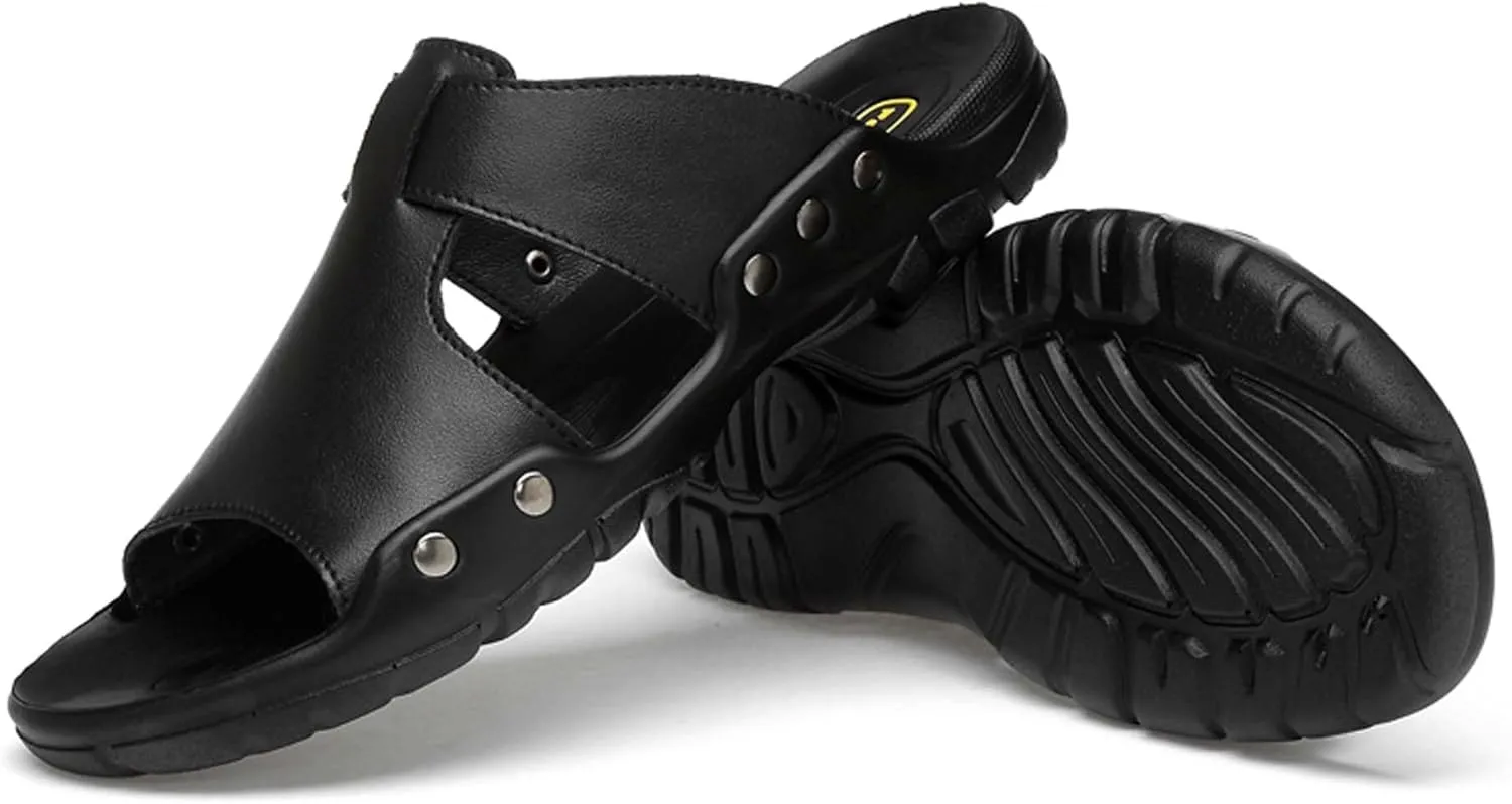 Men's Slide Sandals,Men's Beach Sandals, Men's Indoor/Outdoor Sandal Slippers，Premium Leather Slides, Comfort Fit