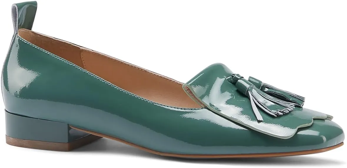 MOOMMO Women Square Toe Tassel Loafer Flats Patent Leather Slip on Fringed Flat Loafers Low Chunky Block Heels Penny Loafers Girls Office Ladies Cute Flats Shoes Casual Work School Fall 4-9 M US