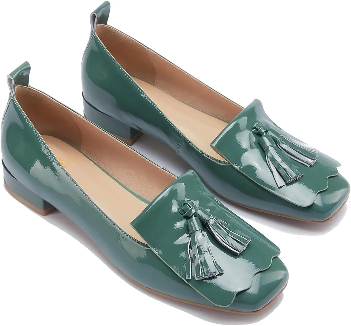 MOOMMO Women Square Toe Tassel Loafer Flats Patent Leather Slip on Fringed Flat Loafers Low Chunky Block Heels Penny Loafers Girls Office Ladies Cute Flats Shoes Casual Work School Fall 4-9 M US