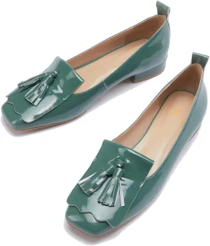 MOOMMO Women Square Toe Tassel Loafer Flats Patent Leather Slip on Fringed Flat Loafers Low Chunky Block Heels Penny Loafers Girls Office Ladies Cute Flats Shoes Casual Work School Fall 4-9 M US