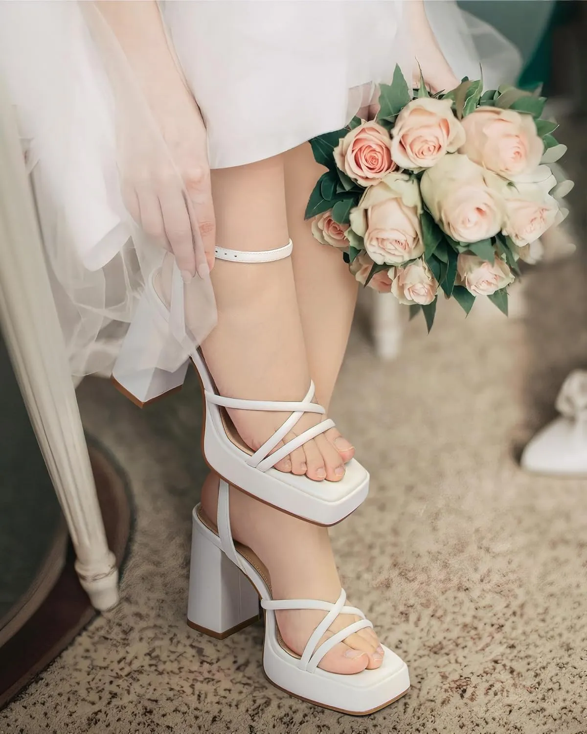 MUCCCUTE Platform Heels for Women Strappy Chunky Heeled Sandals Square Open Toe Ankle Strap Comfortable Wedding Party Evening Prom Dress Shoes