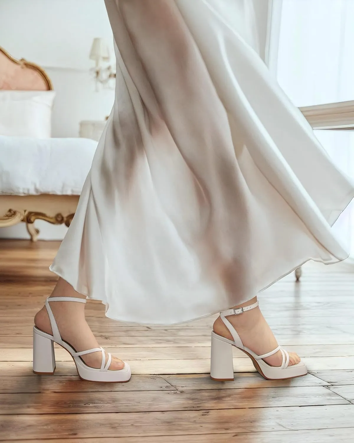 MUCCCUTE Platform Heels for Women Strappy Chunky Heeled Sandals Square Open Toe Ankle Strap Comfortable Wedding Party Evening Prom Dress Shoes
