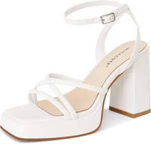 MUCCCUTE Platform Heels for Women Strappy Chunky Heeled Sandals Square Open Toe Ankle Strap Comfortable Wedding Party Evening Prom Dress Shoes