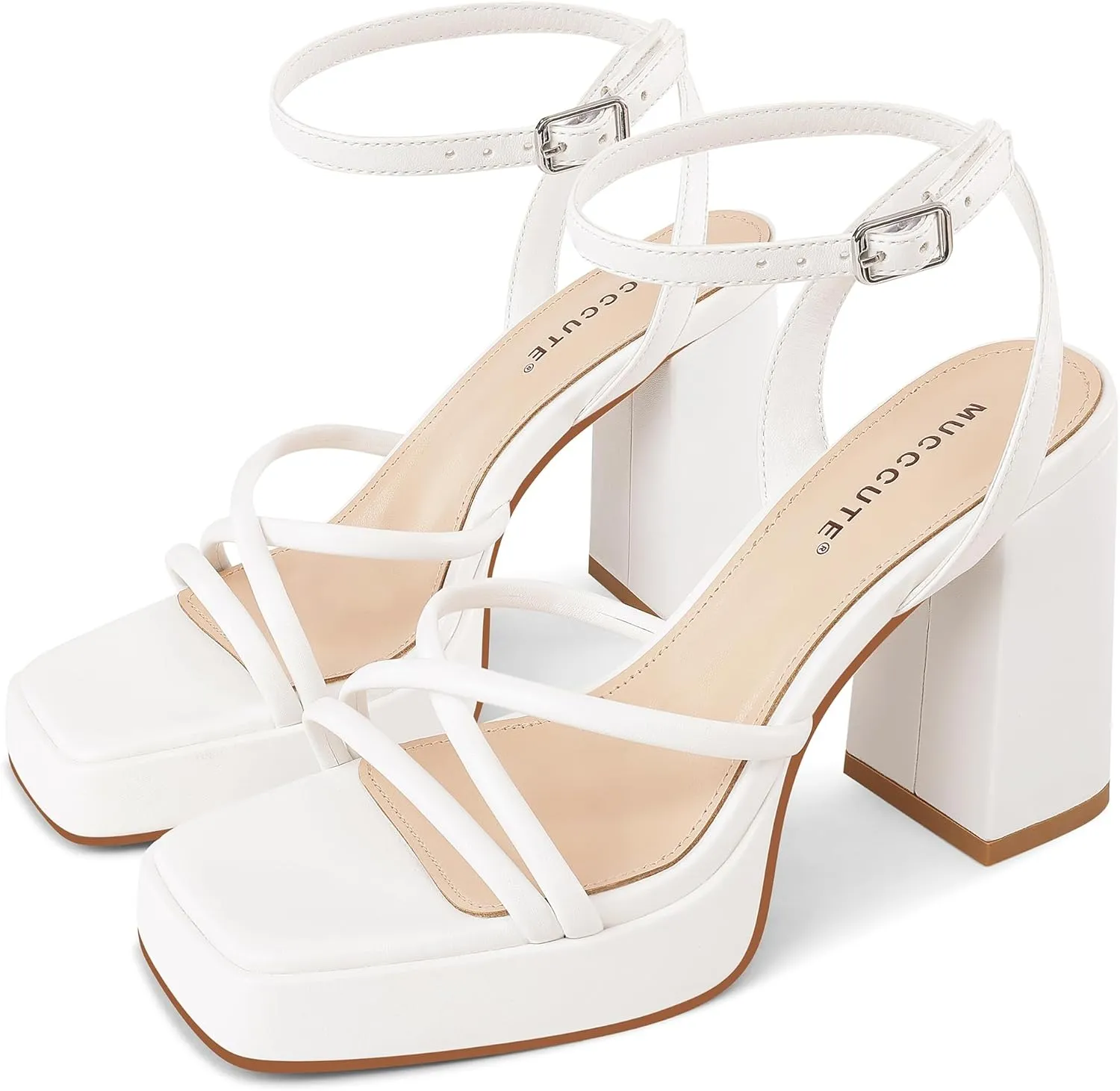MUCCCUTE Platform Heels for Women Strappy Chunky Heeled Sandals Square Open Toe Ankle Strap Comfortable Wedding Party Evening Prom Dress Shoes