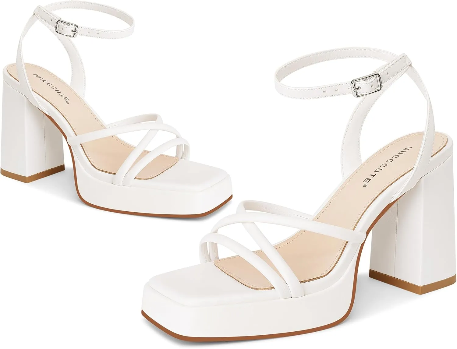 MUCCCUTE Platform Heels for Women Strappy Chunky Heeled Sandals Square Open Toe Ankle Strap Comfortable Wedding Party Evening Prom Dress Shoes