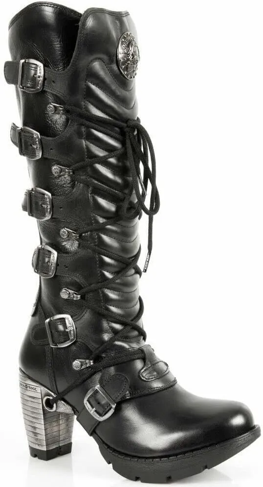 Newrock TR004-S1 Ladies Black Leather Buckle Lace Knee High Heeled Goth Punk Fashion Zip Boot