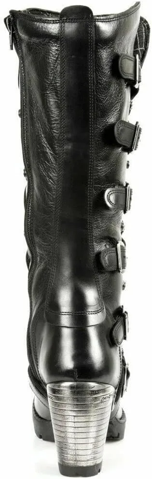 Newrock TR004-S1 Ladies Black Leather Buckle Lace Knee High Heeled Goth Punk Fashion Zip Boot
