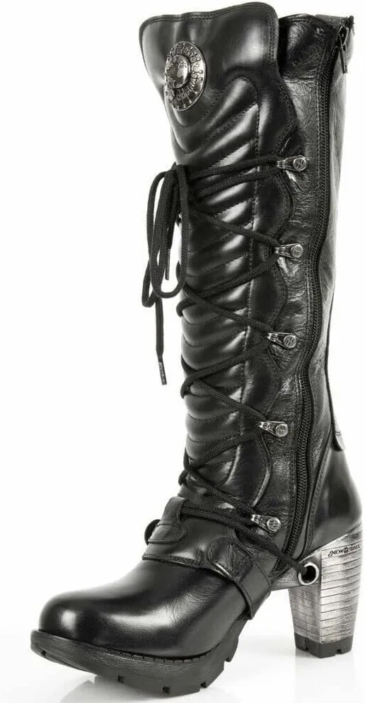 Newrock TR004-S1 Ladies Black Leather Buckle Lace Knee High Heeled Goth Punk Fashion Zip Boot