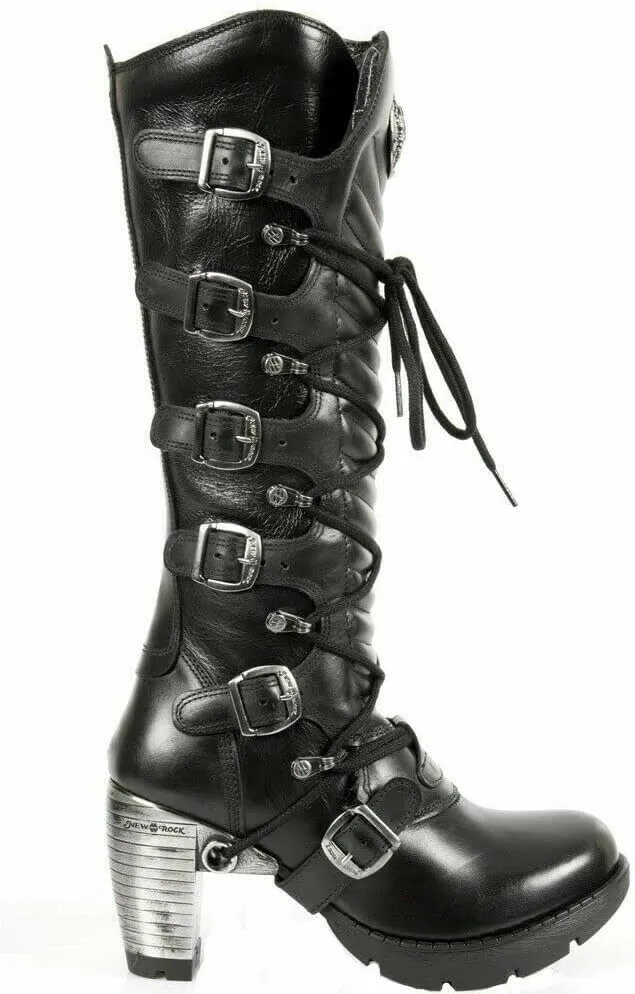 Newrock TR004-S1 Ladies Black Leather Buckle Lace Knee High Heeled Goth Punk Fashion Zip Boot