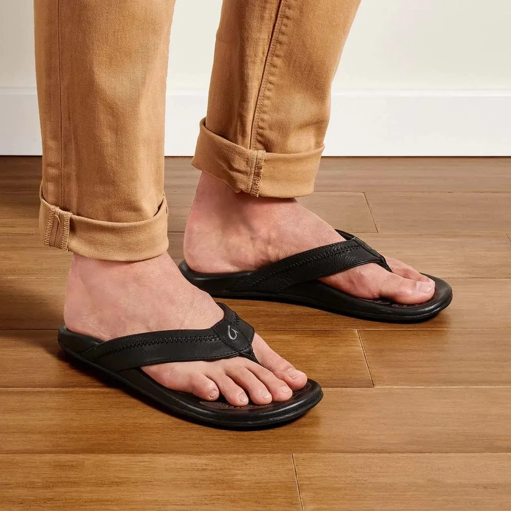 OLUKAI Hiapo Men's Beach Sandals, Full-Grain Leather Flip-Flop Slides, Compression Molded Footbed & Comfort Fit, Enhanced Grip Soles