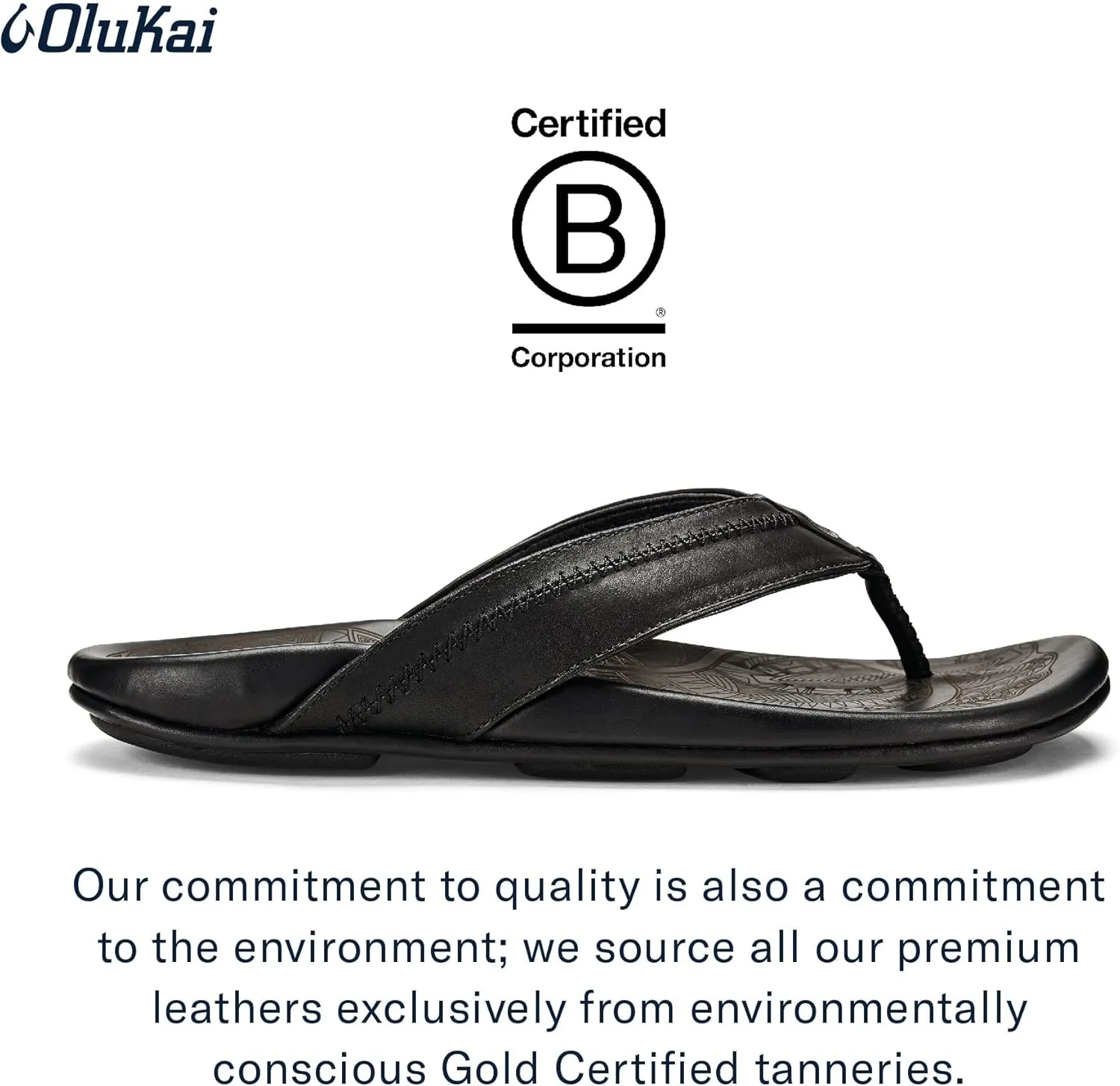 OLUKAI Hiapo Men's Beach Sandals, Full-Grain Leather Flip-Flop Slides, Compression Molded Footbed & Comfort Fit, Enhanced Grip Soles