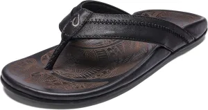 OLUKAI Hiapo Men's Beach Sandals, Full-Grain Leather Flip-Flop Slides, Compression Molded Footbed & Comfort Fit, Enhanced Grip Soles