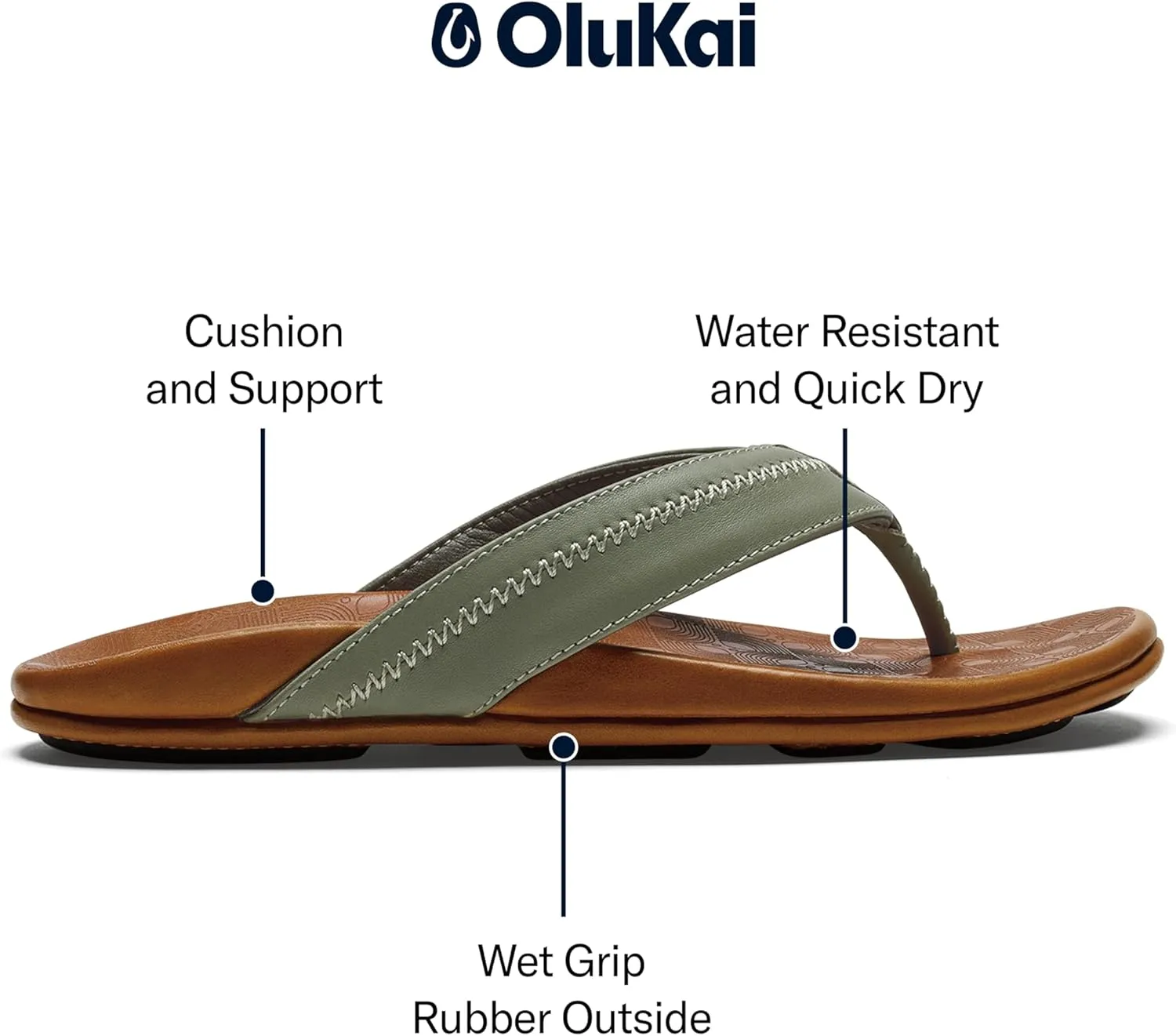 OLUKAI Hiapo Men's Beach Sandals, Full-Grain Leather Flip-Flop Slides, Compression Molded Footbed & Comfort Fit, Enhanced Grip Soles