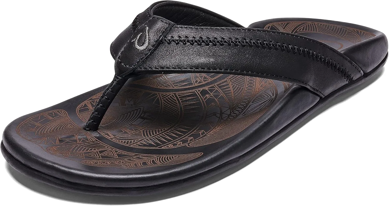 OLUKAI Hiapo Men's Beach Sandals, Full-Grain Leather Flip-Flop Slides, Compression Molded Footbed & Comfort Fit, Enhanced Grip Soles