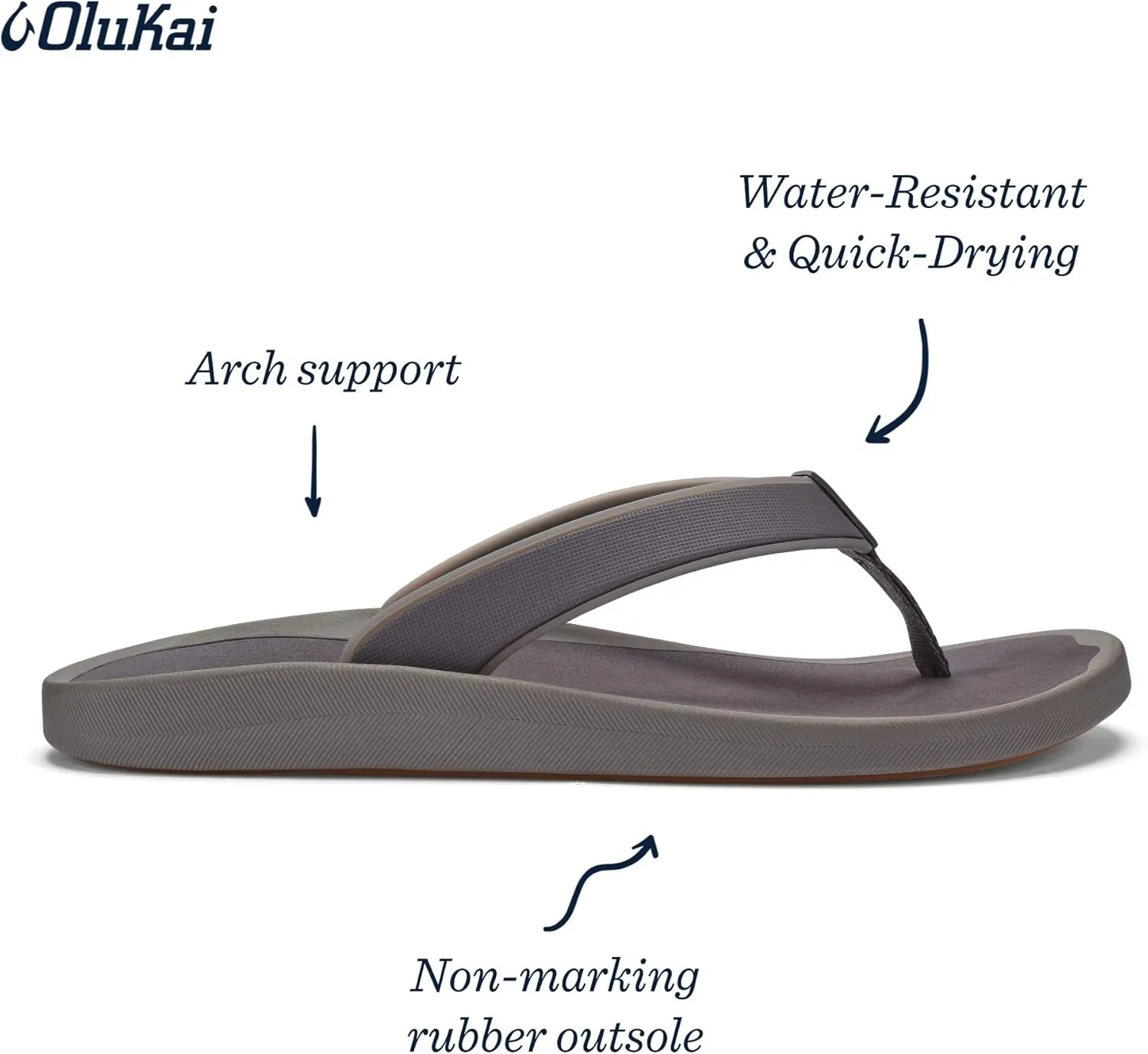 OLUKAI Koko'o Men's Beach Sandals, Quick-Dry Flip-Flop Slides, Water Resistant & Lightweight, Compression Molded Footbed & Ultra-Soft Comfort Fit