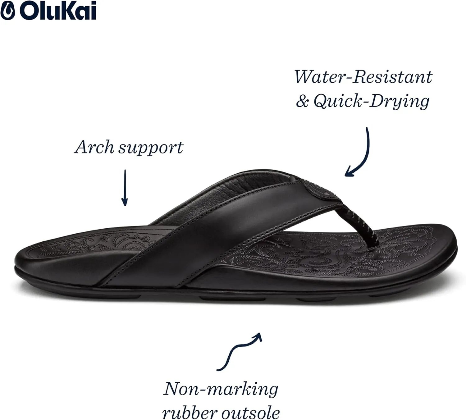 OLUKAI Mekila Men's Beach Sandals, Full-Grain Leather Flip-Flop Slides, Compression Molded Footbed & Comfort Fit, Enhanced Grip Soles