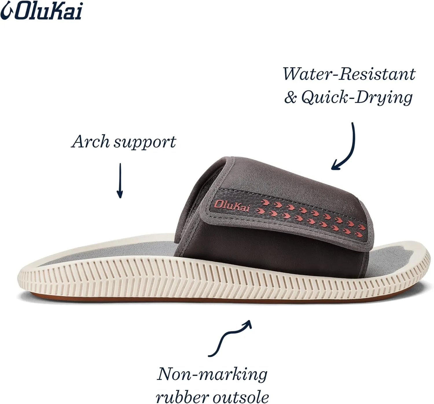 OLUKAI Ulele Olu Men's Slide Sandals, Water Resistant Beach Shoes, Fully Adjustable & Comfort Fit, Wet Grip Rubber Soles